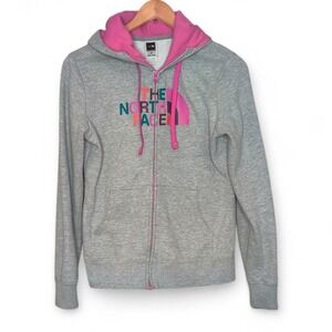 The North Face Ladies Grey Zip Up‎ Hoodie with Pink and Multicolor Graphic Small